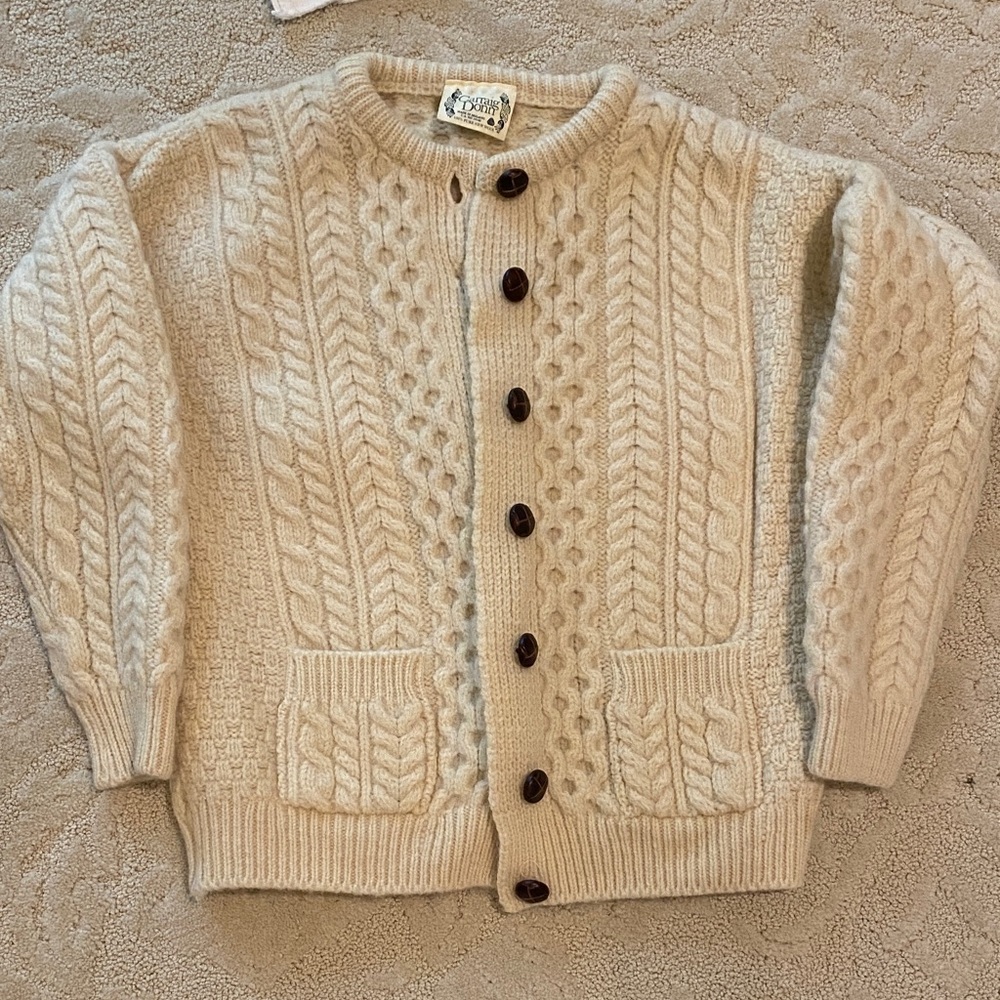 Cream Cable  Wool  Cardigan with Brown Buttons